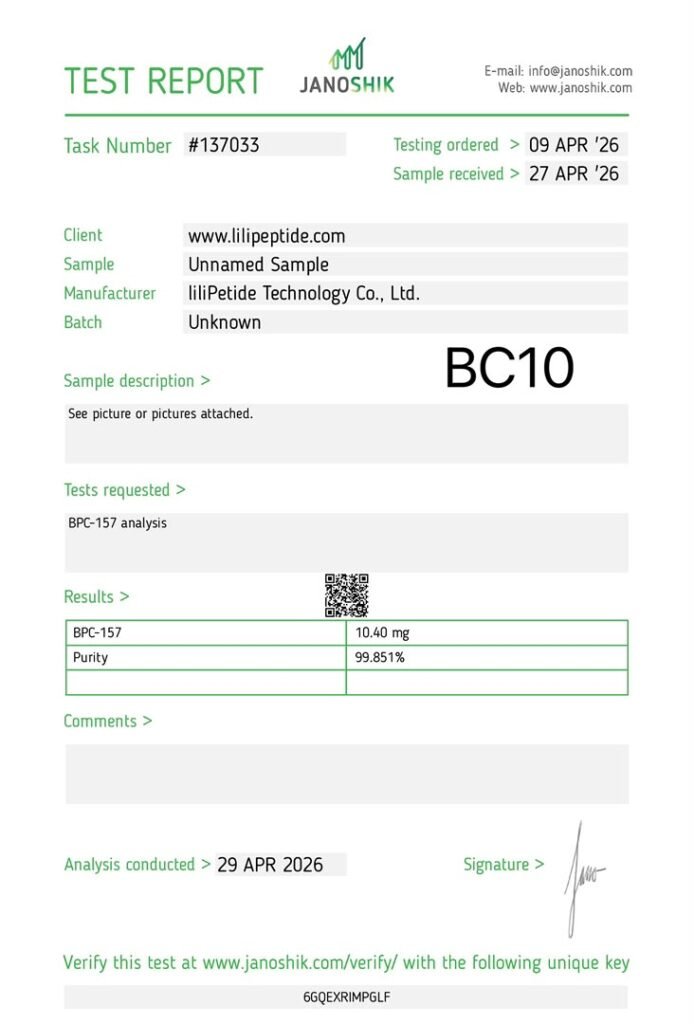 A Janoshik report for BPC-157 10 mg. The sample code sits top right, the results table in the middle, and the verification key in the grey box at the foot.