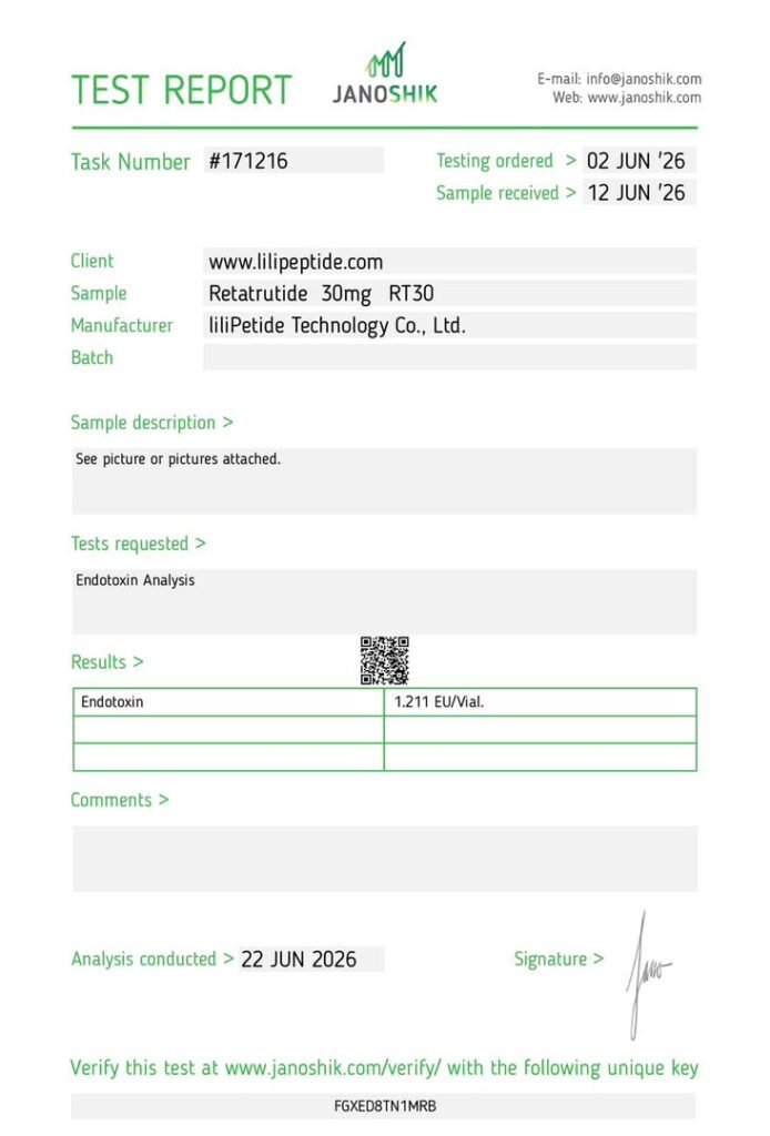 An endotoxin report. Note that it carries no purity figure - endotoxin is ordered as a separate assay.